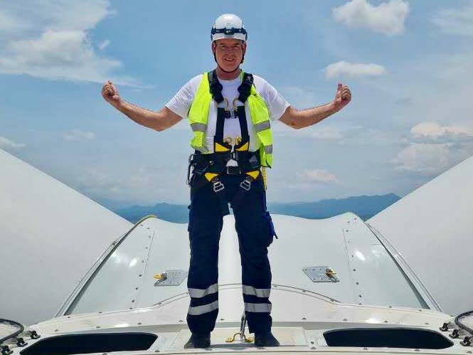 Wind turbine in mist